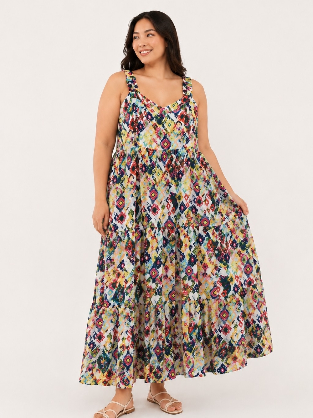 Terra & Sky Multicolor Geometric Tiered Maxi Dress